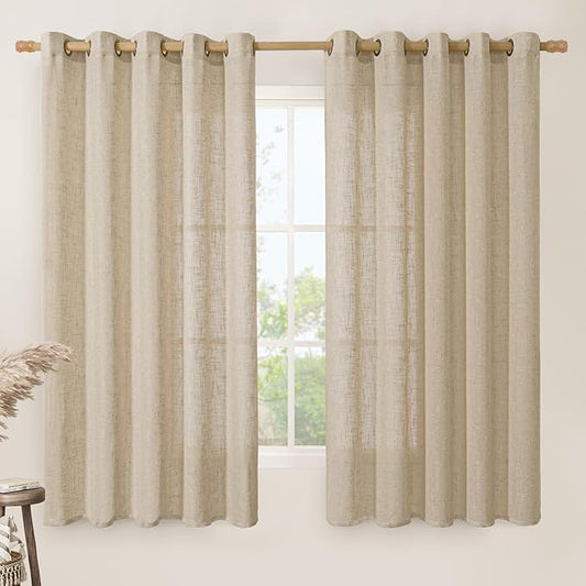 LAMIT Linen Curtains 63 inch Length for Living Room, Linen Light Filtering Boho Semi Sheer Window Textured Burlap Drapes with Bronze Grommet for Bedroom, 2 Panels Set, 60 x 63 Inch, Brown-Ruum Studio Home