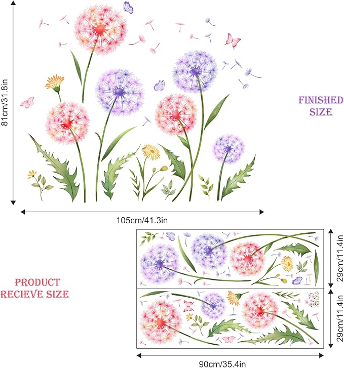 Dandelion Flower Butterfly Wall Decals Pink Purple Dandelion Plants Wall Stickers Peel and Stick Vinyl Wall Art Decor for Living Room Bedroom Office TV Sofa Backdrop Home Decor Gifts for Mom-Ruum Studio Home