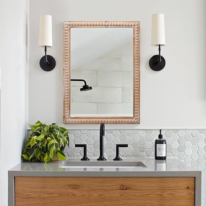 Farmhouse Bathroom Mirror 22x30 Inch - Rectangular Wall Mirrors with Wood Frame & Beaded Design - Distortion-Free Glass, Horizontal/Vertical Mount or Freestanding-Ruum Studio Home