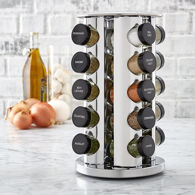 Kamenstein 20 Jar Revolving Countertop Spice Rack with Spices Included, FREE Spice Refills for 5 Years, Polished Stainless Steel with Black Caps, 30020-Ruum Studio Home