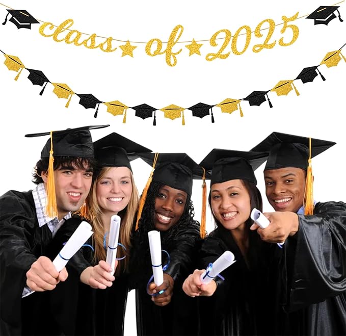 Black Gold Party-Decoration Graduation Banner - 14pcs Kits Cap Garland Streamers, Paper Tissue Pom Poms Flowers Fans Honeycomb,Class Of 2025 College High School Grad Decor Hugfond-Ruum Studio Home