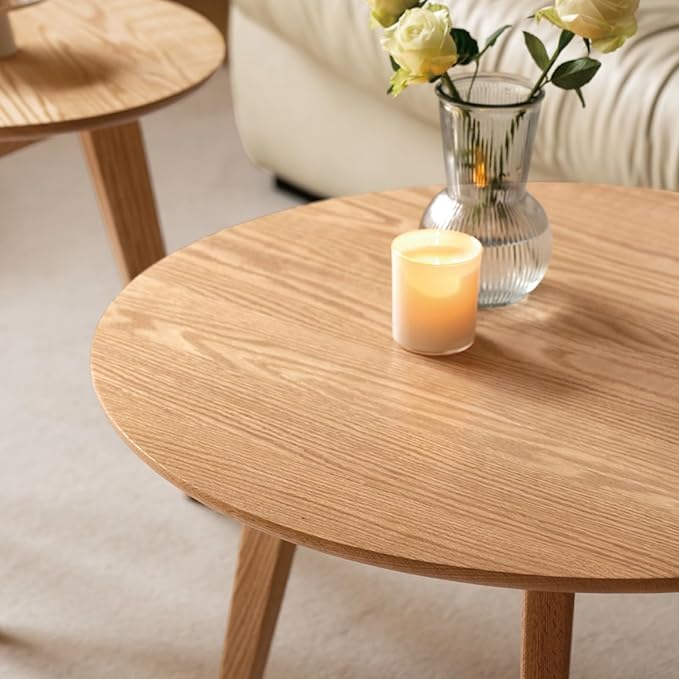 100% Solid Oak Wood Coffee Table Set, Round Coffee Table Combo Side Table w/Solid Wood Legs, Mid Century Table Sturdy Tables for Bedroom Balcony Living Room (Natural, 3 Pieces)-Ruum Studio Home