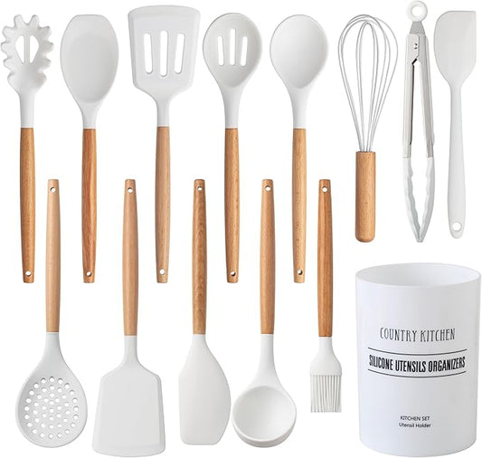 Country Kitchen Non Stick Silicone Utensil Set with Rounded Wood Handles for Cooking and Baking, 14 Piece Set, White-Ruum Studio Home