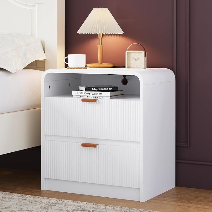 FURSUN 24" Fluted Nightstand Set of 2 with Charging Station, Wooden End Table with 2 Drawers Storage, Curved Profile Design, Modern Bedside Cabinet for Bedroom Living Room, White-Ruum Studio Home