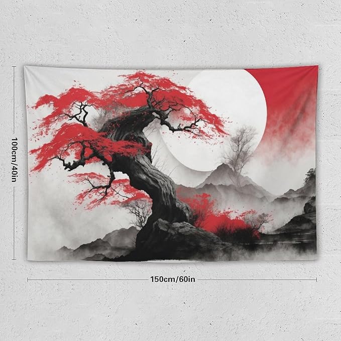 Cherry Blossoms Tapestry,Japanese Red Landscape Asian Watercolor Abstract Art Tapestry,Japanese Wall Tapestry, Nature Landscape Tapestries for Bedroom Living Room Decor 60"x40"-Ruum Studio Home