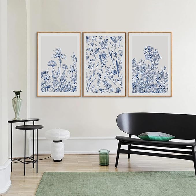 SIGNINART Classic Chinoiserie Framed Canvas Wall Art Set, Blue and White Floral Art Painting, Minimalist Botanical Flower Artwork, Navy Blue Wall Decor for Bedroom, Living Room, Office 16"x24"x3-Ruum Studio Home