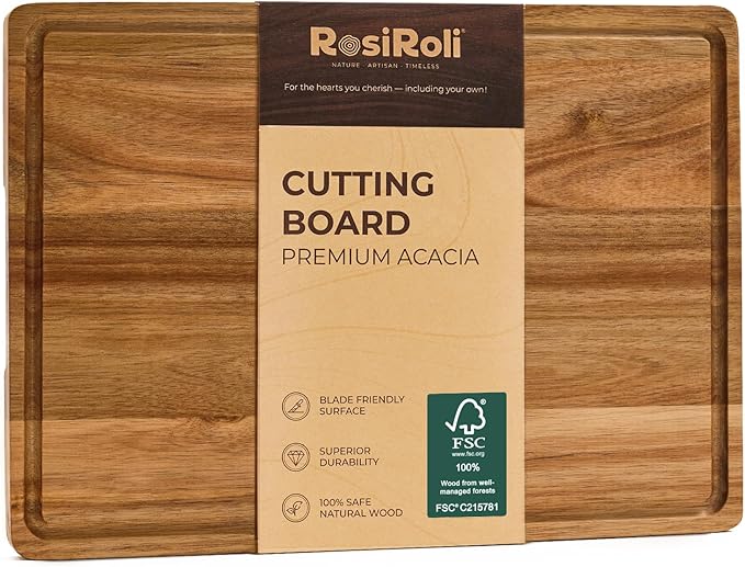 Acacia Wood Cutting Board for Kitchen - 1 inch Thick FSC Certified Wood Charcuterie Cheese Board with Side Handles and Juice Grooves, Wooden Chopping Block for Meat and Veggies, 17x12 inch-Ruum Studio Home