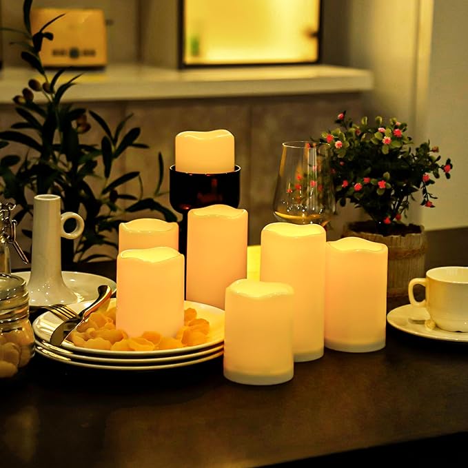 Aignis 7pcs Flameless LED Candles Battery Operated with Remote Timer, Outdoor Indoor Waterproof, Warm Glow for Cozy & Romantic Home/Wedding/Holiday Décor (D 3'' x H 4''/5''/6'')-Ruum Studio Home