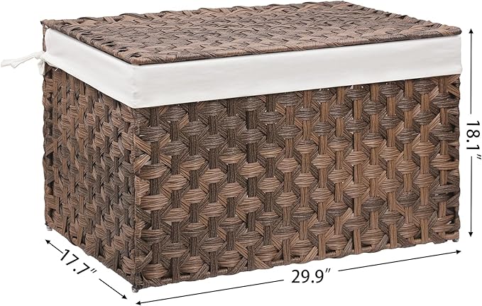 Wicker Storage Basket with Lid, 42.3 Gallon (160L) Large Blanket Basket with Lid, Woven Storage Bin with Handles, Removable Liner, Metal Frame, Foldable, for Bedroom, Laundry Room, Brown-Ruum Studio Home