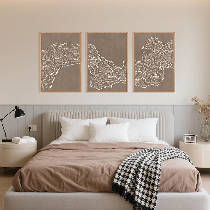 Geometric White Tan Wave Framed Canvas Wall Art Set, Abstract Line Art Painting, Modern Minimalism Wall Decor, Neutral Art Print for Living Room, Bedroom, Dining Room, Office - 16"x24"x3-Ruum Studio Home
