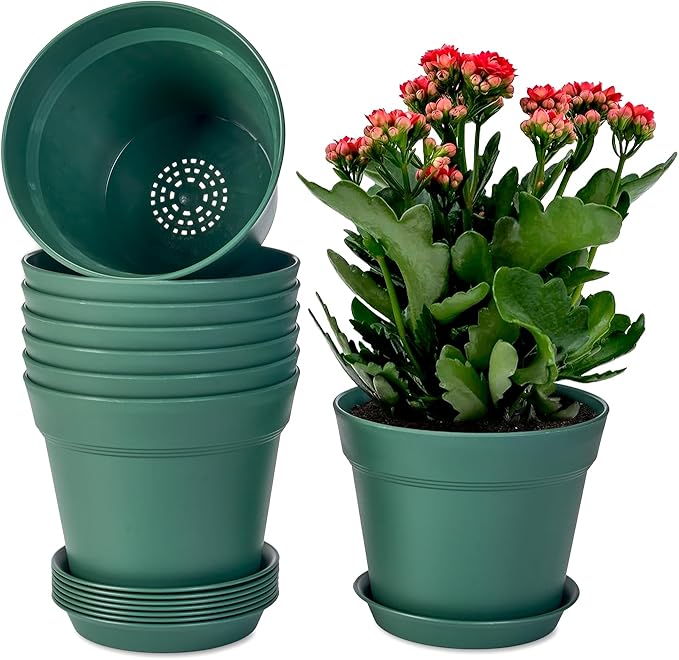 homenote Plant Pots,7.5 Inch Flower Pots for Plants Plastic Planters for Indoor with Multiple Drainage Holes and Trays, for All Home Garden Flowers Succulents,Outdoor(Green,8 Pack)-Ruum Studio Home