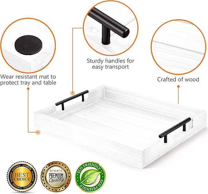 Ottoman Tray | Wooden Serving Tray with Handles & Coasters - 17x13 Inch, Rustic, White, Solid, Rectangular, Vintage, Lightweight-Ruum Studio Home