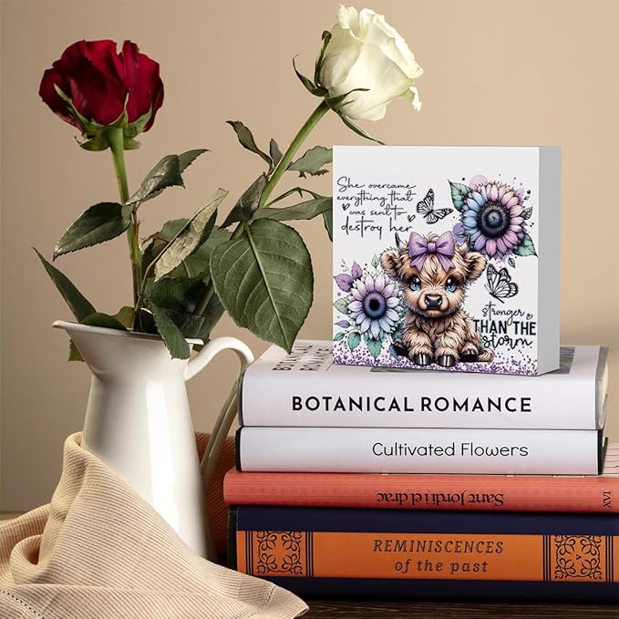 Cute Highland Cow Baby Decor, Highland Cow Sunflower Decor, Highland Cow Gifts for women, Highland Cow Nursery Decor, Wooden Box Decor Sign for Home Farmhouse Office Living Room Table Shelf-Ruum Studio Home