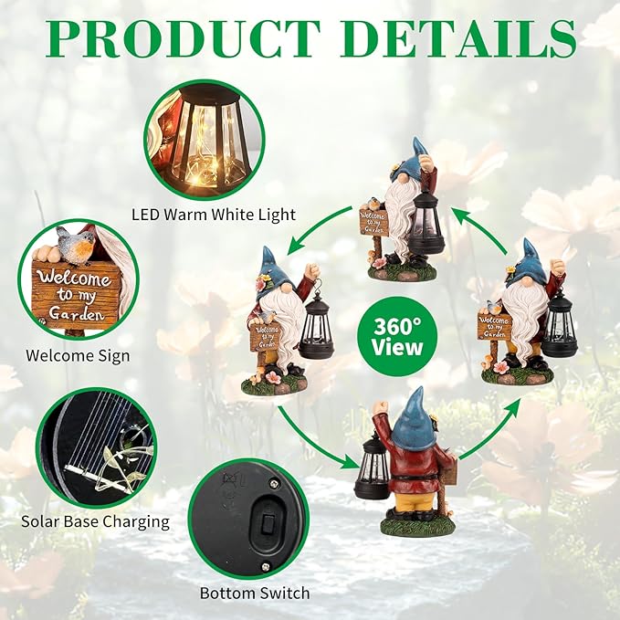 Garden Gnome Statues Figurine Lights - Solar Powered Lighting Outdoor Decorations with Lantern & Welcome Sign, Yard Art Lawn Ornaments for Porch Patio Balcony - Gnome Gifts for Women Mom-Ruum Studio Home