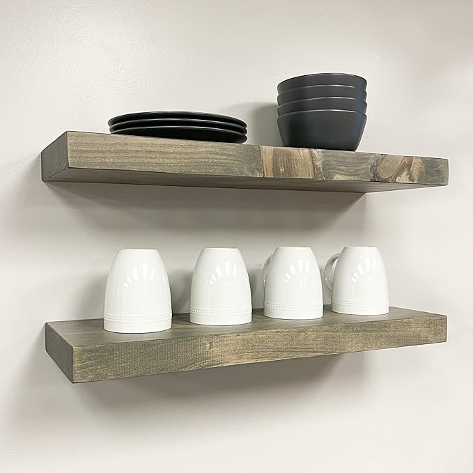 URBANDI, Rustic Floating Shelves, Set of 2, Hidden Bracket, Solid Wood, Heavy Duty, Wall Mounted Shelves, (Grey, 48Wx10D)-Ruum Studio Home