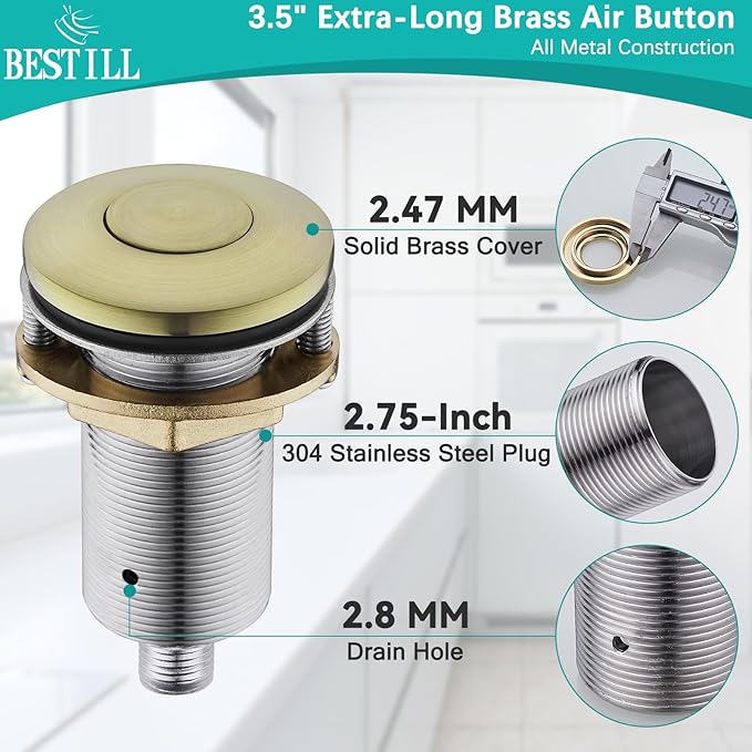BESTILL Garbage Disposal Air Switch Kit - UL Listed, Brass 3.6" Long Push Button for Waste Disposer, Cordless Sink Top Switch Button, Brushed Gold, Compatible with all Garbage Disposals-Ruum Studio Home