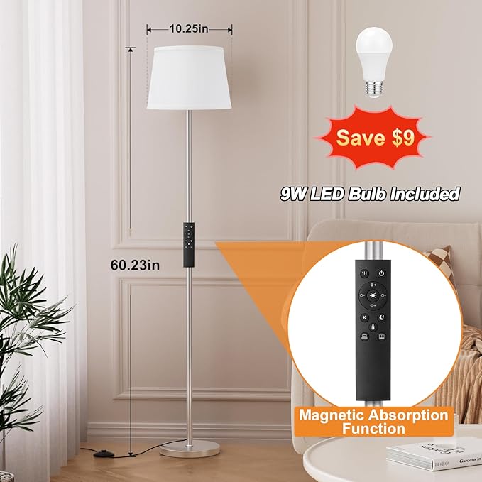 【Upgraded】Floor Lamps for Living Room, Modern Floor Lamp with Remote Control, Dimmable Colors Temperature Standing Lamp Foot Switch, 9W Bulb Tall Lamps for Bedroom Office Kid Room - Silver-Ruum Studio Home