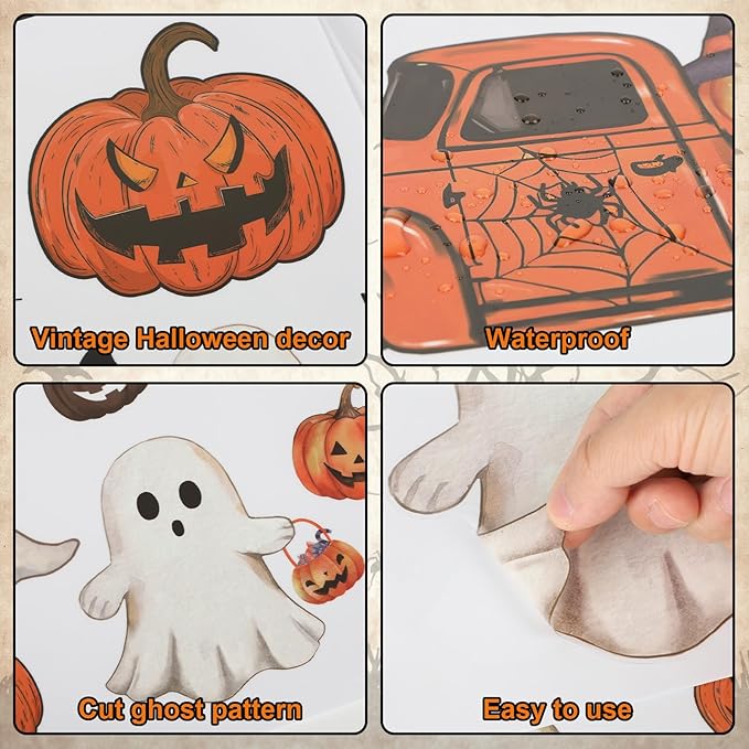 Vintage Halloween Window Clings 6 Sheets, Large Retro Spooky Ghost J-O-Lantern Pumpkin Reusable Window Decals Stickers for Home Halloween Party Decorations Supplies (Ghost)-Ruum Studio Home