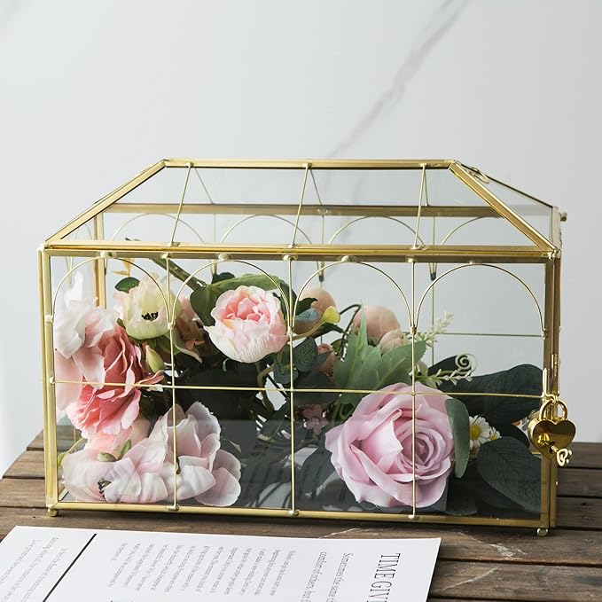 Glass Wedding Card Box with Slot, 12.6 inch Large Clear Card Box Gold Brass Gift Card Storage Box with Lock for Wedding Receptions, Baby Shower, Birthday Party, Bridal Shower-Ruum Studio Home