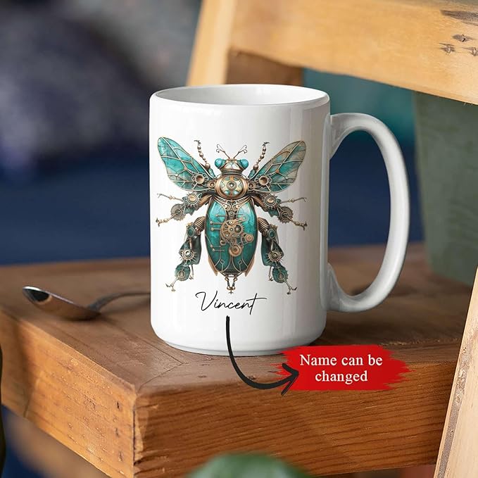 Unique Mechanical Insect Art Ceramic Cup, Personalized Steampunk Beetle Design Coffee Mug 11oz, Custom Name White Mug For Science Fiction Enthusiasts, Customized Insect Ceramic Mug-Ruum Studio Home