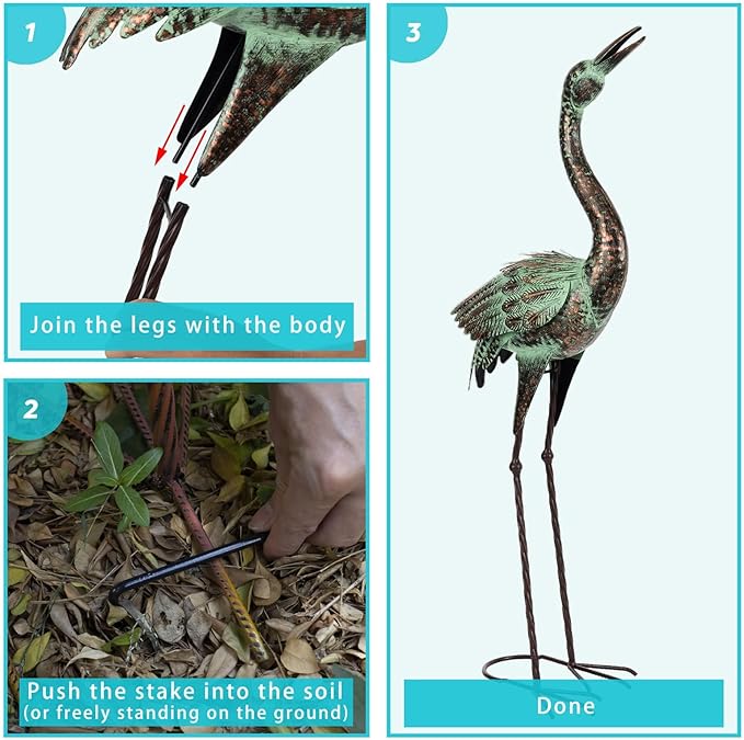 Shorayn Garden Crane Statues, Blue Heron Sculptures for Outdoor, Cranes Decor Metal Bird, Patina Garden Art Lawn Ornaments for Yard Patio Porch Outside Decorations-Ruum Studio Home