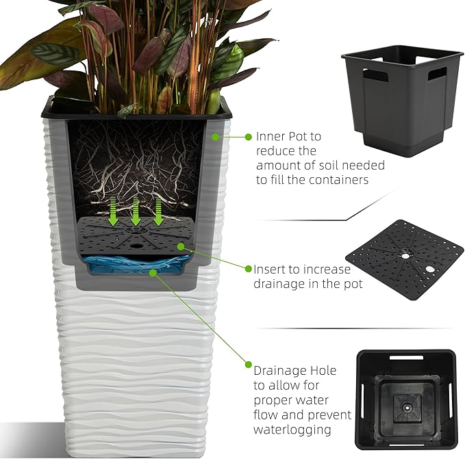 Worth Garden 2-Pack 22" H. White Square Tapered Planter with Inside Pots - Plastic Plant Pots for Indoor Outdoor - Modern Wavy Finish Decorative Flower Pots for Front Porch Containers Patio Deck-Ruum Studio Home