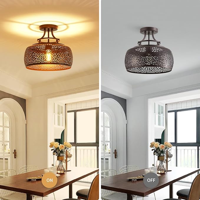 WUZUPS Chandelier Rustic Farmhouse Industrial Round Semi-flushmount Ceiling LED Light Fixture with Later-Cut Openwork Drum Shade, H 11.8" x W 13.4", Oil Rubbed Bronze-Ruum Studio Home