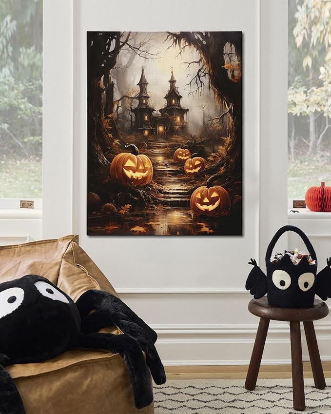 AbcCustomize Halloween Canvas Wall Art - Spooky Haunted House & Eerie Pumpkins Poster, Gothic Fall Decorations for Home, Vintage Halloween Decor Indoor for Living Room, Bedroom & Party-Ruum Studio Home