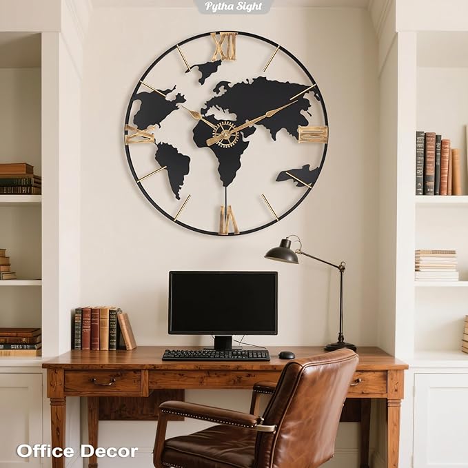 30 Inch Large Modern Decorative Metal World Map Wall Clocks Giant Extra Vintage Gold Roman Numeral Oversized Wall Clock for Living Room,Office,Dining Room,Entryway,Fireplace-Ruum Studio Home