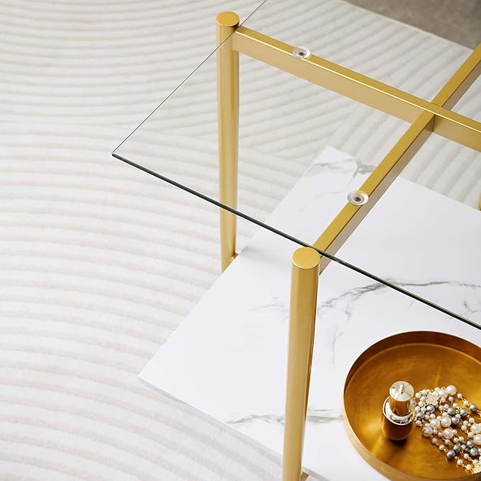 Square Glass End Table, Mid-Century Modern Design Sofa Table, for Living Room, L18 x W18 x H23, Clear Glass Top and White Marble MDF Shelf, Sleek Conical Metal Legs with Gold Finish-Ruum Studio Home