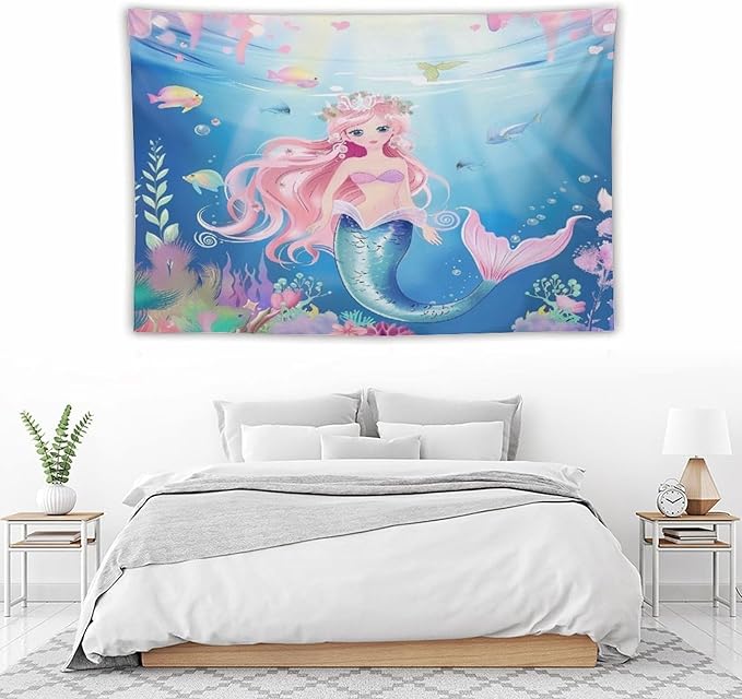HZOHNAGO Mermaid Girls Tapestry Watercolor Mermaid Princess Pattern Printed Wall Tapestry Wall Hanging for Bedroom Living Room Dorm 90" W x 60" H-Ruum Studio Home