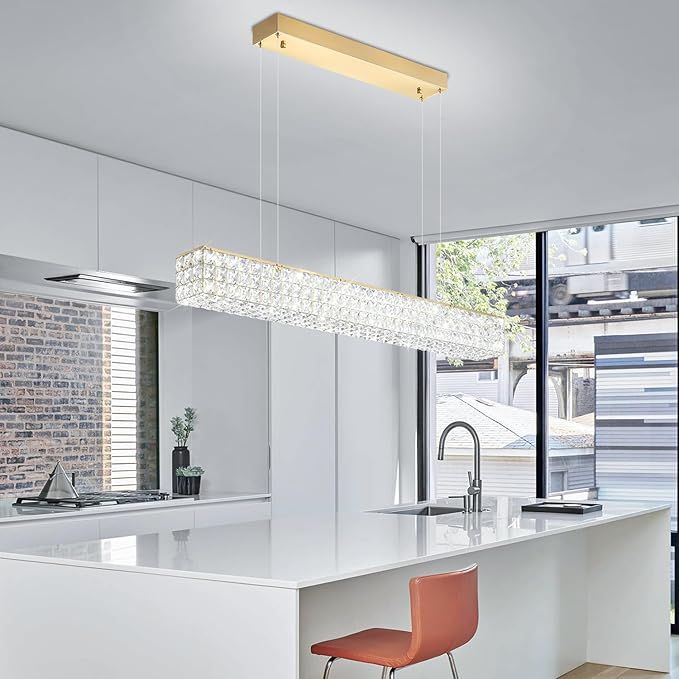 Rectangle Crystal Chandelier Modern Gold Crystal Chandelier Rectangular Pendant Lighting Fixture for Dining Room Kitchen Island Bedroom (L 40")-Ruum Studio Home
