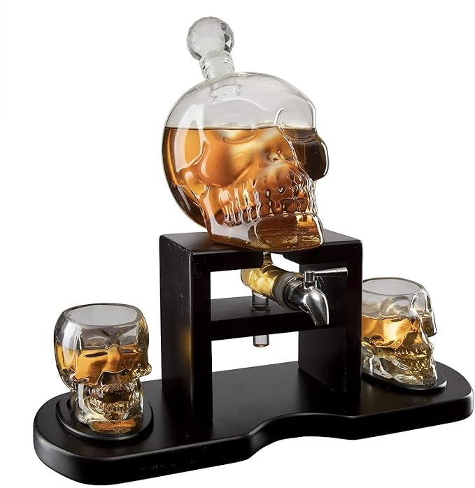 Skull Skeleton Wine & Whiskey Decanter Set 750mL with 2 Skull Shot Glasses 3oz | Gothic Skeleton Barware on Mahogany Wooden Base with Spigot | Spooky Halloween Decor Drinkware & Unique Goth Gift Idea-Ruum Studio Home