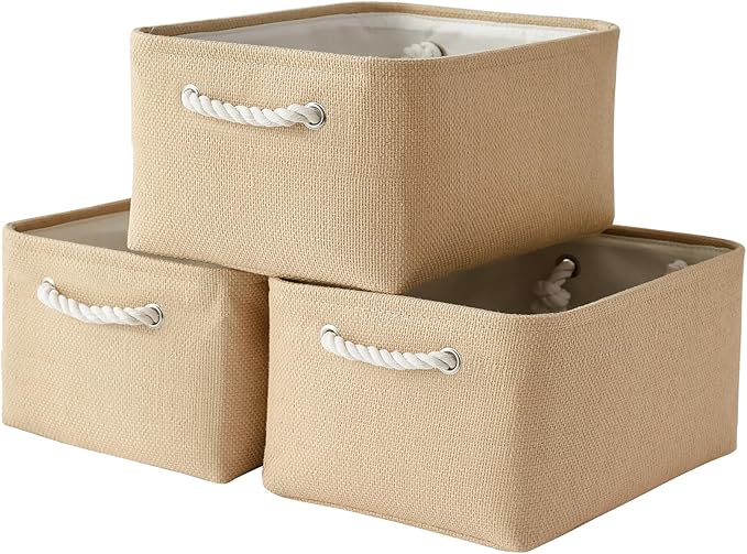 TheWarmHome Organization and Storage Bin for Shelves - Large 3 Pack 16x12x8 inch Storage Basket for Organizing, Canves Storage Cubes for Organizer Toy Closet Cloth Gift (Beige)-Ruum Studio Home