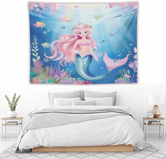 HZOHNAGO Mermaid Girls Tapestry Watercolor Mermaid Princess Pattern Printed Wall Tapestry Wall Hanging for Bedroom Living Room Dorm 80" W x 60" H-Ruum Studio Home