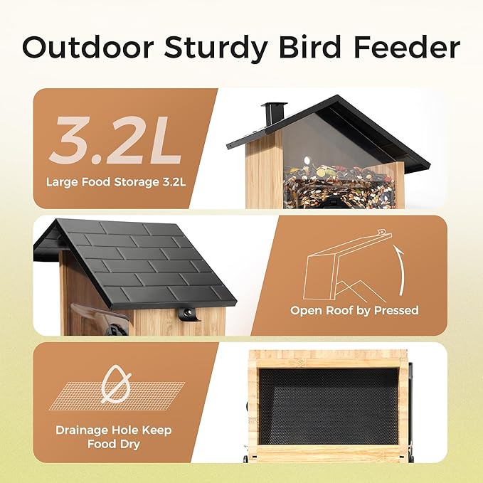 TT Nature Smart Squirrel-Proof Bird Feeder with Camera 2K, Solar Powered, AI Bird Species Recognition, Instant Notification, CCPA Data Security, Bamboo 3.2L Large Capacity, Ideal Gift-Ruum Studio Home