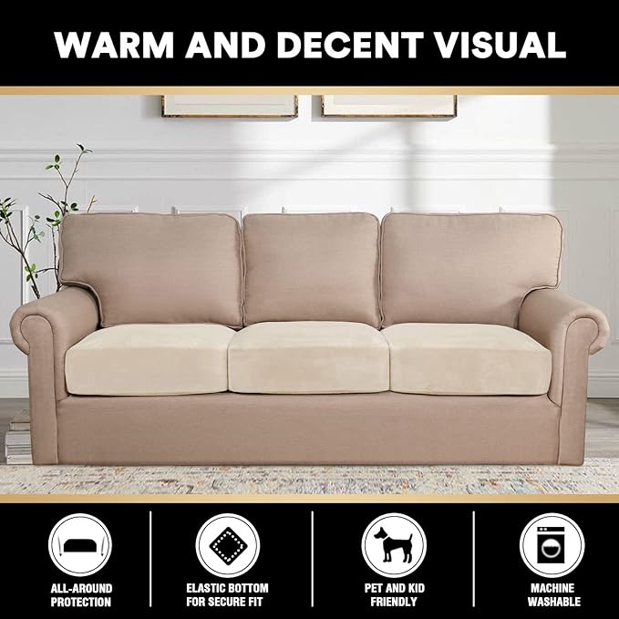 PrinceDeco Stretch Sofa Cushion Covers for Couches and Sofas,Soft Velvet Couch Seat Covers, Sofa Covers Washable, Seat Cushion Cover for 3 Couch Sofa Pet Friendly - Ivory, Each Width Up to 29.5"-Ruum Studio Home