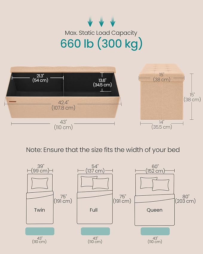 SONGMICS Mazie Collection - Storage Ottoman Bench, 43 Inches Folding Foot Rest Stool, End of Bed Bench, Easy Assembly, for Living Room, Bedroom, Entryway, Apricot Orange ULSF077O01-Ruum Studio Home