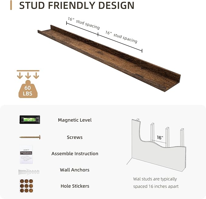 Picture Ledge Shelf, Wood Long Floating Shelves for Wall, Set of 2, 48 inch Picture Ledge Shelves, Photo Ledge Nursery Book Shelves Wall Mounted for Living Room Kids' Room Bedroom, Color Brown-Ruum Studio Home