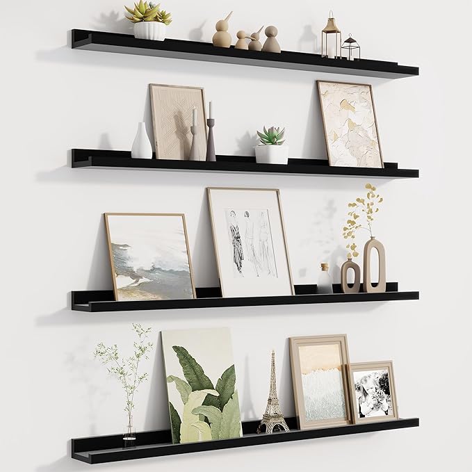 Picture Ledge Shelf for Wall, Floating Shelves Set of 4, 36 Inch Long Nursery Book Shelves for Toys Storage, Kids Bookshelf Wall Mounted for Books Photo Frames, Black-Ruum Studio Home