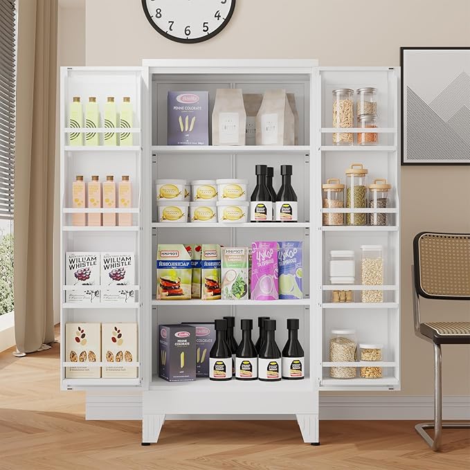 51" H Metal Kitchen Pantry Storage Cabinet, Freestanding Cupboard Storage Cabinet with Doors and Adjustable Shelves, Large Stand Up Food Cupboard for Living Room, Dinning Room, White-Ruum Studio Home