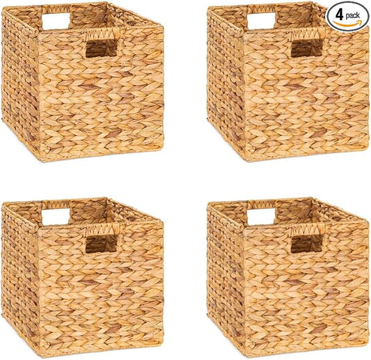 10.5 x 10.5 Storage Cubes – Water Hyacinth Wicker Baskets for Organizing, Wicker Storage Cubes, Storage Baskets for Shelves (4 Packs 10.5in)-Ruum Studio Home