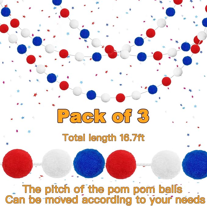 Jishi Pom Pom Garland 4th of July Decorations, Patriotic Red White Blue Felt Ball Garland, 3-Pack 6.6ft Long 24 Cute Pompom Balls String, Christmas Tree Decor Ornaments for Home Birthday Holiday Party-Ruum Studio Home
