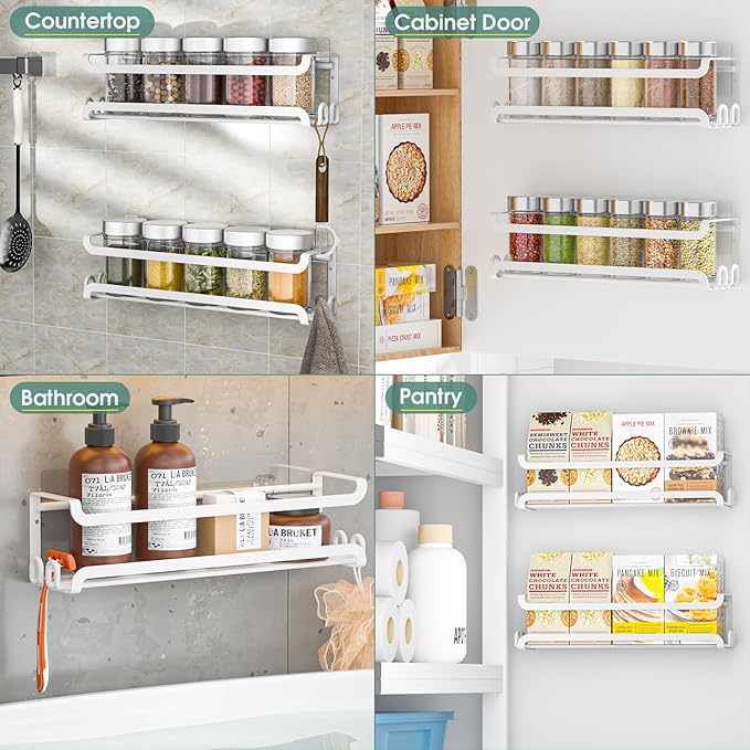 LUCYCAZ 6 Pack Wall Mounted Spice Rack with 22 Hooks, Spice Organizer Shelf for Stove Cabinet Pantry Door,Screw or Adhesive Spice Shelf Hanging Wall Spice Rack in Kitchen and RV (White, 6 PACK)