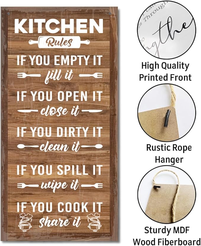 Hanging Rustic Wooden Kitchen Decor Sign, Printed Wood Wall Art, Funny Farmhouse Kitchen Wall Decor I1-Ruum Studio Home