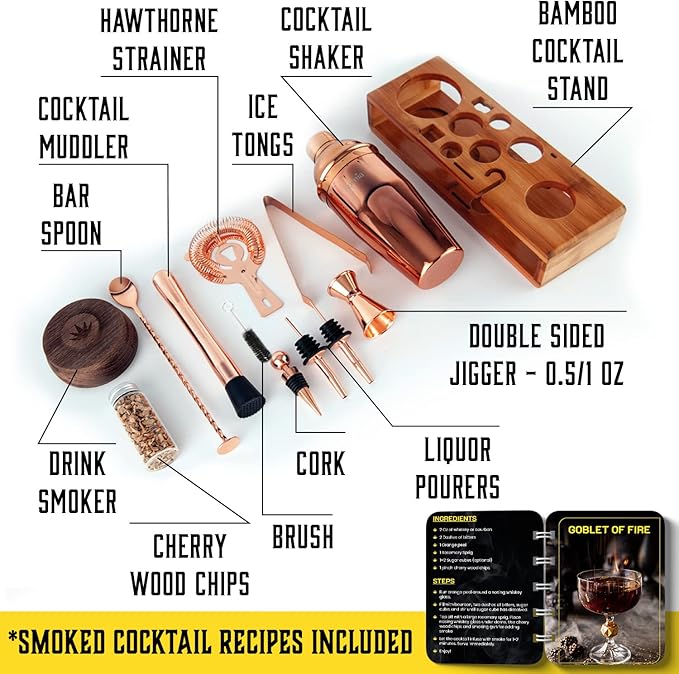 Bartender Kit with Whiskey Smoker - 13 pcs, Bamboo Stand - Bar Set with Cocktail Shaker, Bartending Kit with Essential Bar Accessory Tools, Wood Chips, Pink Gold-Ruum Studio Home
