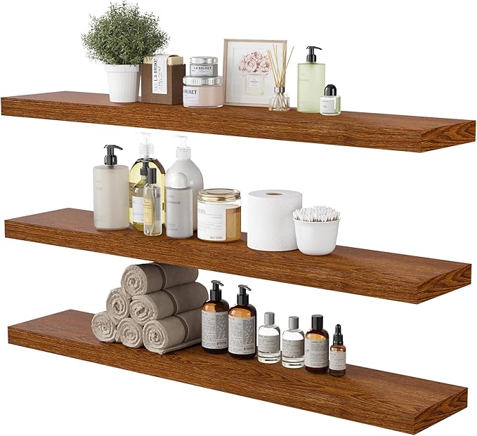 BAMEOS Floating Shelves, American Oak Wall Mounted Wooden Shelves with Invisible Brackets Set of 3, Hanging Wall Shelves Decoration for Bedroom, Bathroom, Living Room and Kitchen-Ruum Studio Home