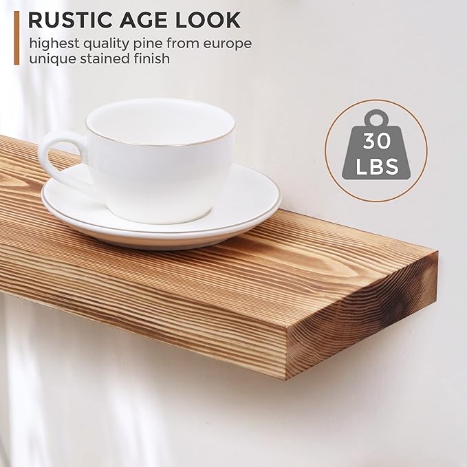 Fun Memories European Pine Floating Shelves for Wall, Mounted Shelf for Decor Storage Set of 2 - Natural Rustic Wooden Wall Shelf for Kitchen Bathroom Living Room Bedroom Farmhouse - Carbonized-Ruum Studio Home