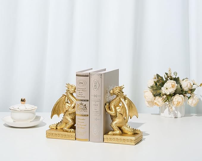 Dragon Statue Decorative Bookends for Shelves, Regal Gold Dragon Statue Home Office Decoration, Fantasy Dragon Figurine Enthusiasts Gifts-Ruum Studio Home