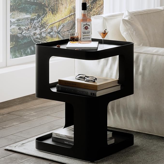 Side Table,Modern end Table,Unique nightstand,Bedside Table,Black Metal Night Stand with Storage,Accent Side Table for Couch,Bedroom,Living Room.No Assembly Required-Ruum Studio Home